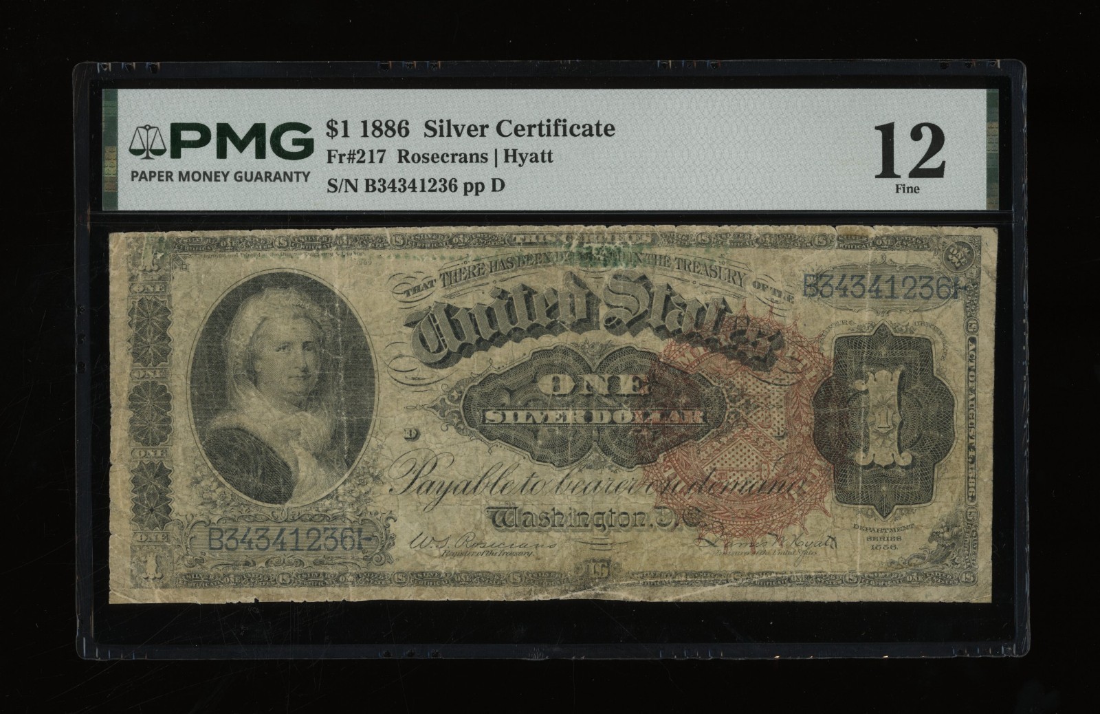 DBR 1886 $1 Silver Cert Martha Washington Fr. 217 PMG 12 Serial B34341236 DBR 1886 $1 Silver Cert Martha Washington Fr. 217 PMG 12 Serial B34341236