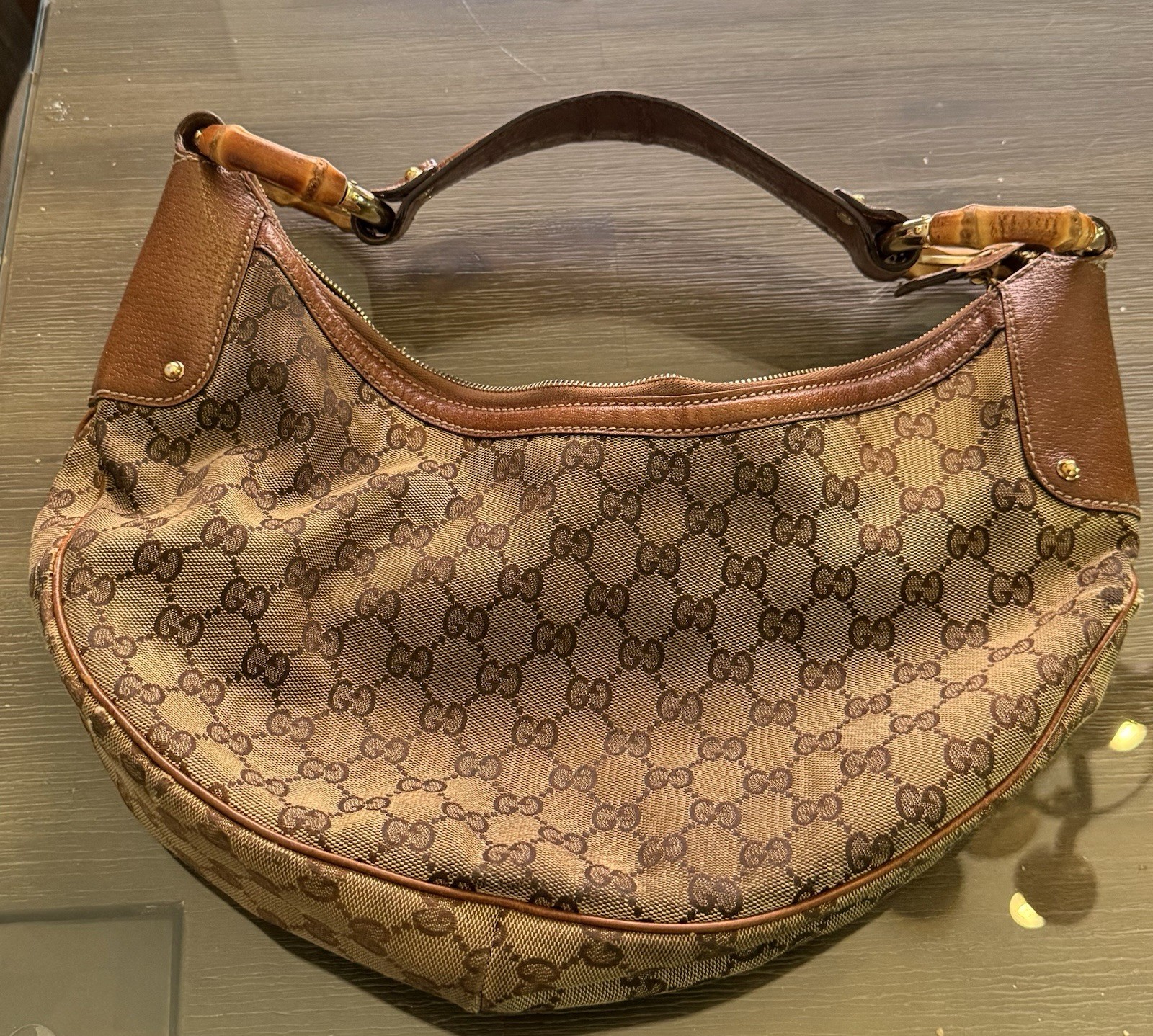 Vintage Worn Gucci GG Canvas Bamboo Ring Hobo Bag Brown Leather Made in Italy