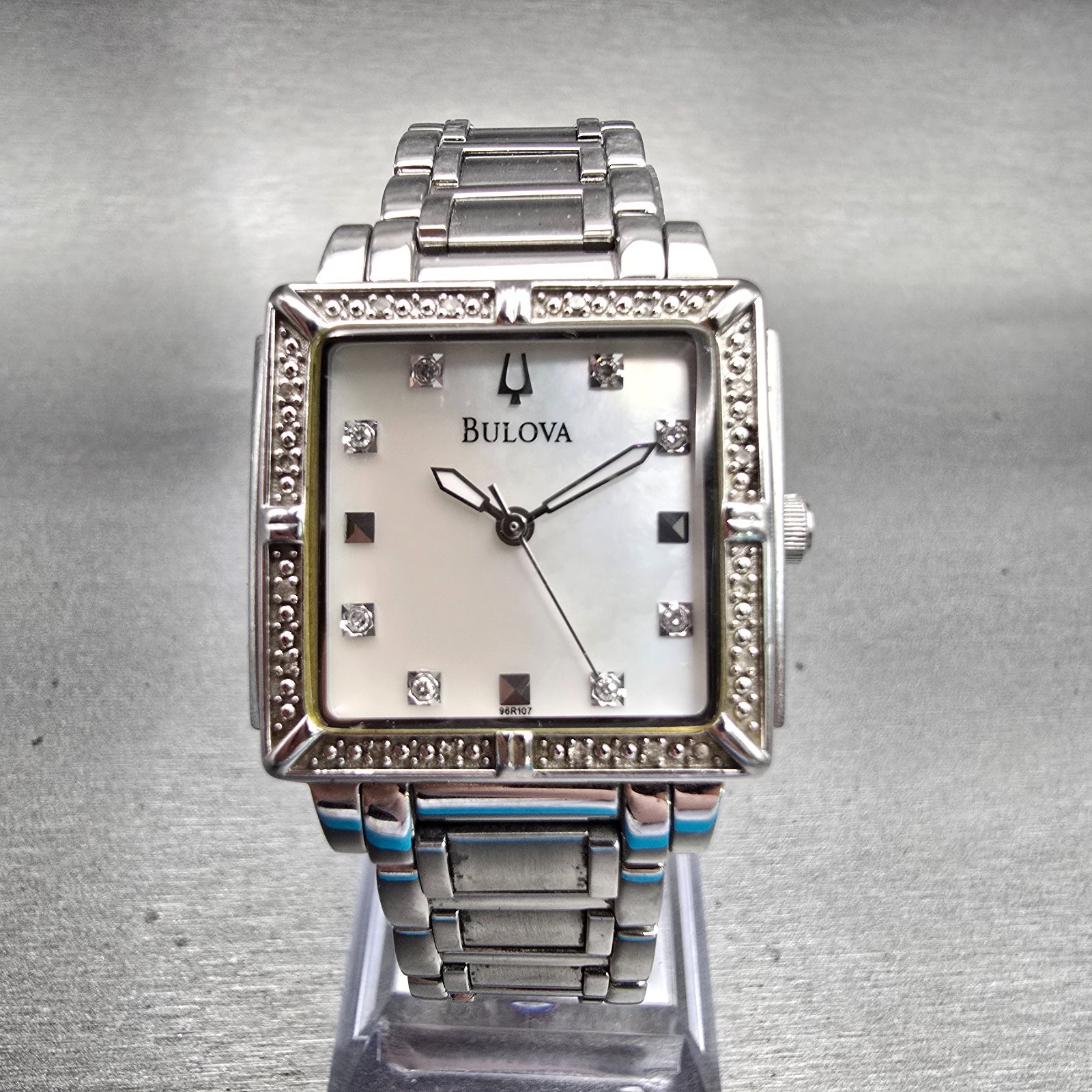 Bulova Watch Women 26mm MOP Dial Silver Tone Gemmed Square 96R107 New Battery