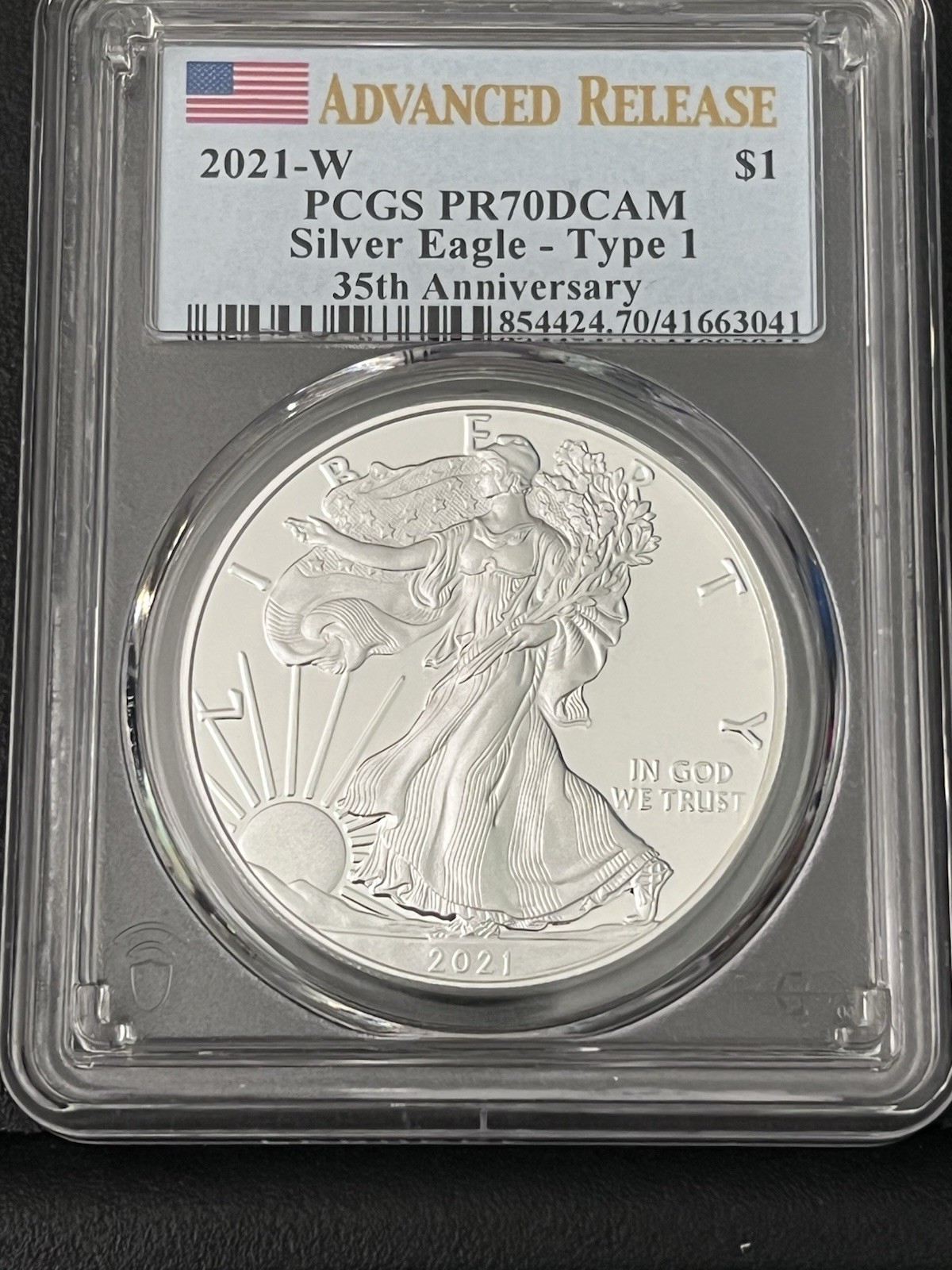 2021 W PROOF SILVER EAGLE PCGS PR70 DCAM ADVANCED RELEASE FLAG LABEL TYPE 1 2021 W PROOF SILVER EAGLE PCGS PR70 DCAM ADVANCED RELEASE FLAG LABEL TYPE 1
