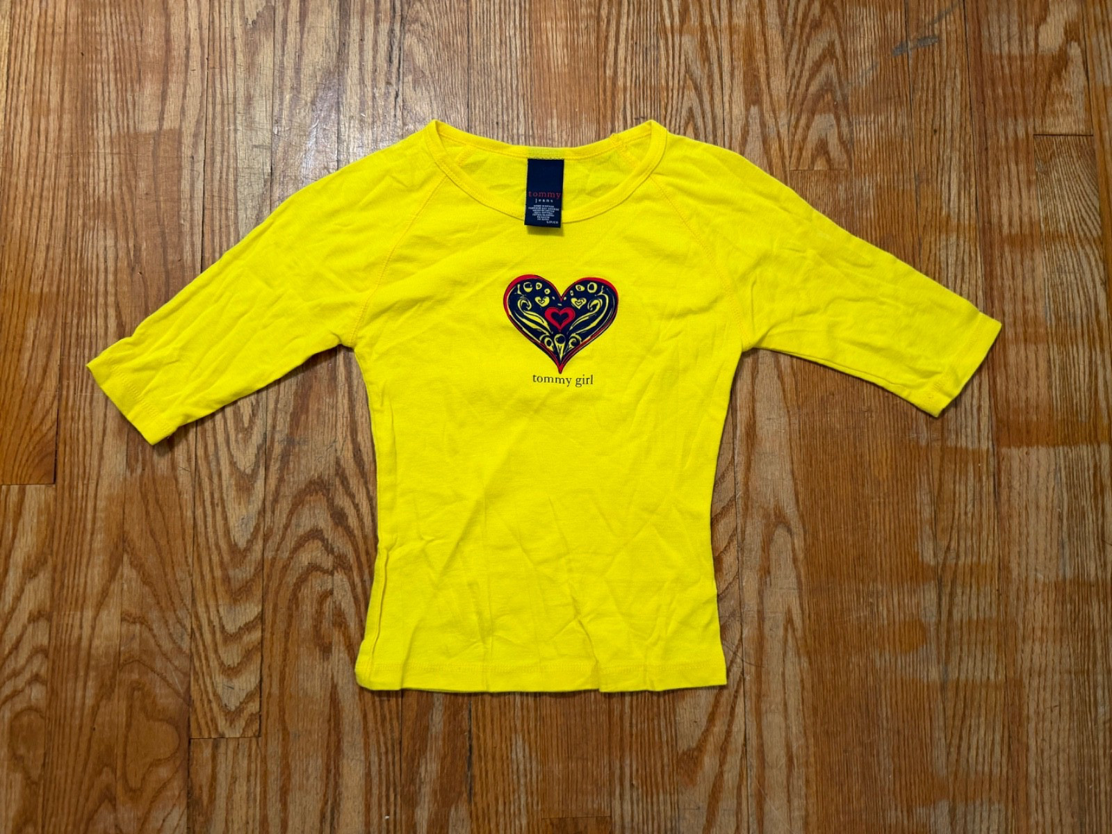 Y2K Tommy Jeans Tommy Girl Yellow Heart 3/4 Sleeve Shirt Womens S Vintage