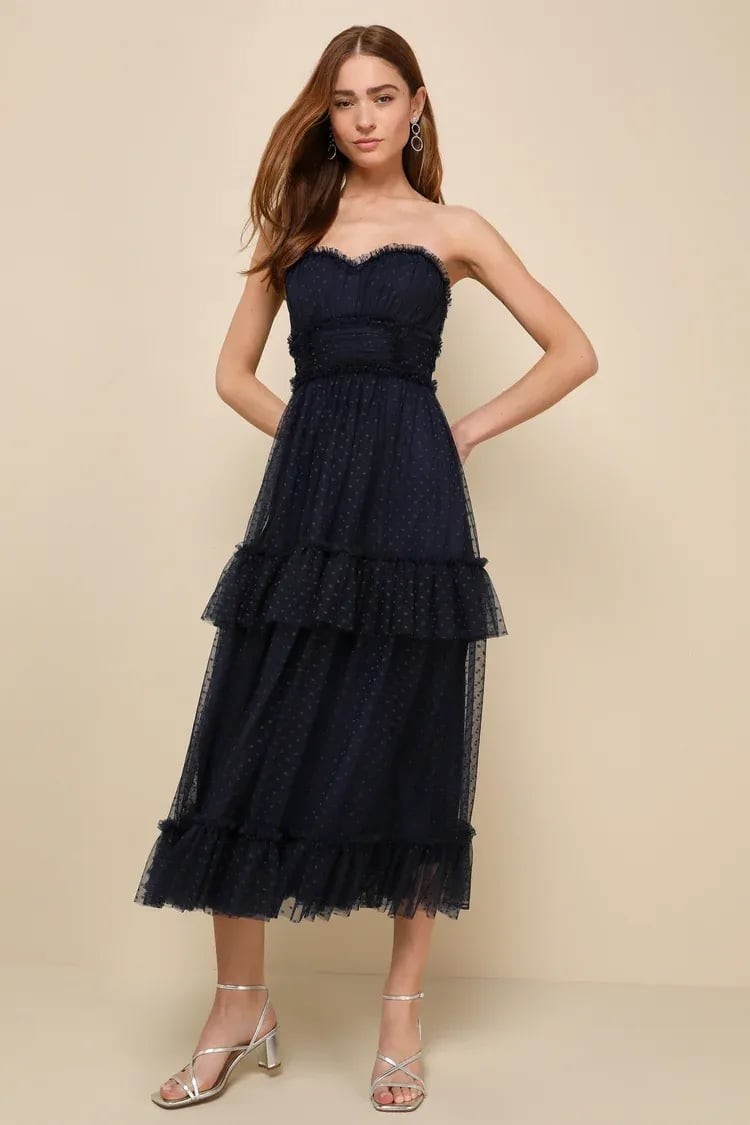 Delightful Bliss Navy Mesh Swiss Dot Strapless Midi Dress Delightful Bliss Navy Mesh Swiss Dot Strapless Midi Dress