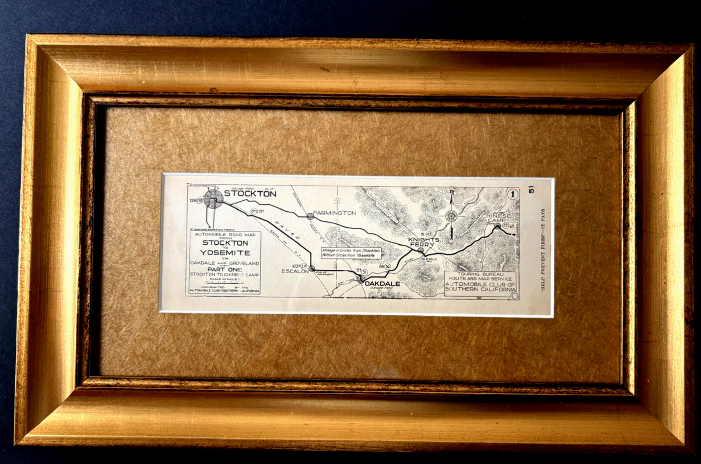STOCKTON To YOSEMITE Route Automobile Club of Southern Calif MAP Framed 17\