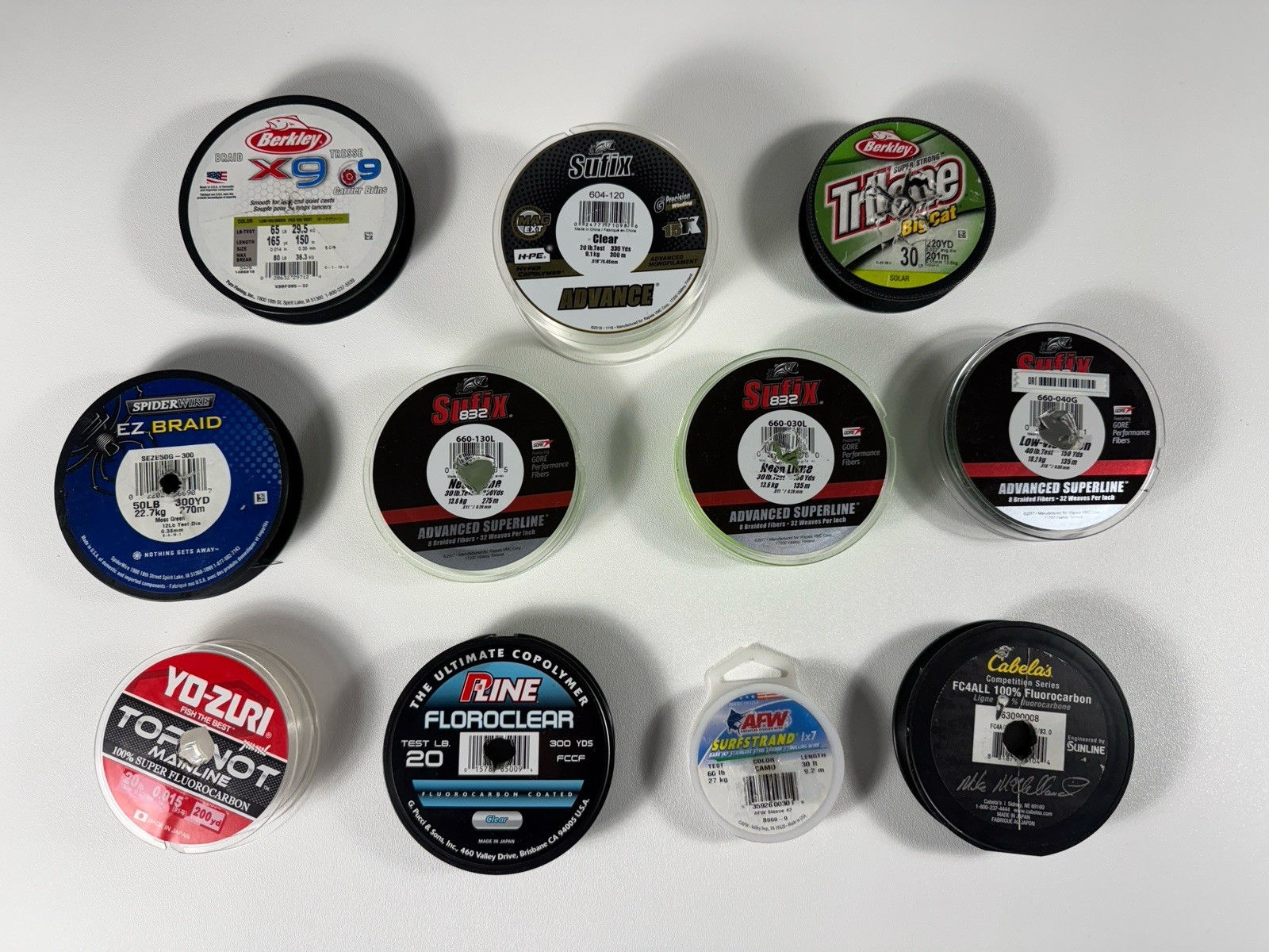 Lot 11 Fishing Line Spools Sufix Berkley Yo-Zuri SpiderWire P-Line Braid Fluoro