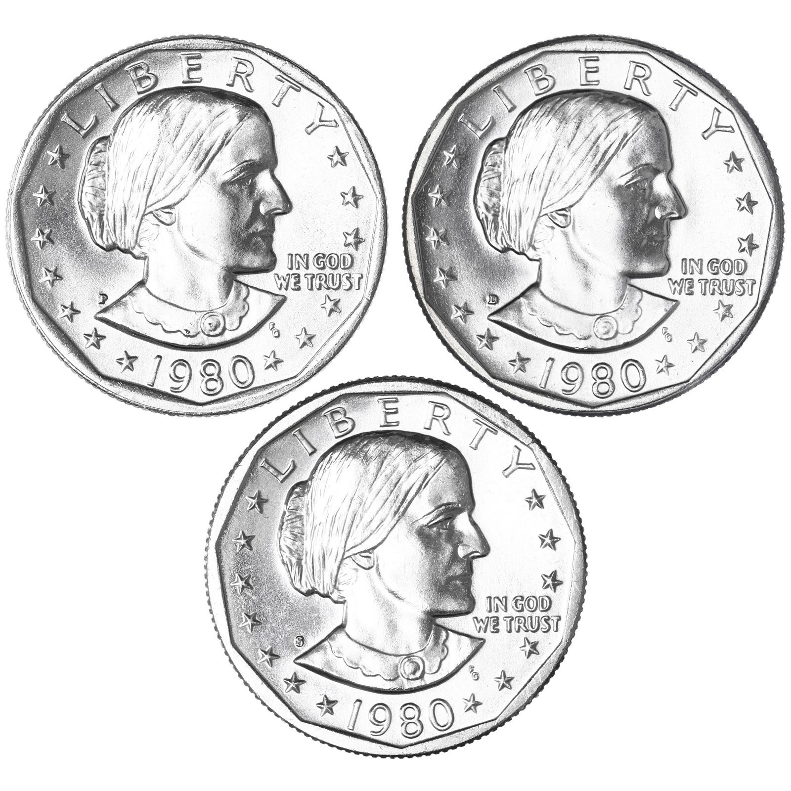 1980 P D S Susan B Anthony BU Dollar 3 Coin Set 1980 P D S Susan B Anthony BU Dollar 3 Coin Set