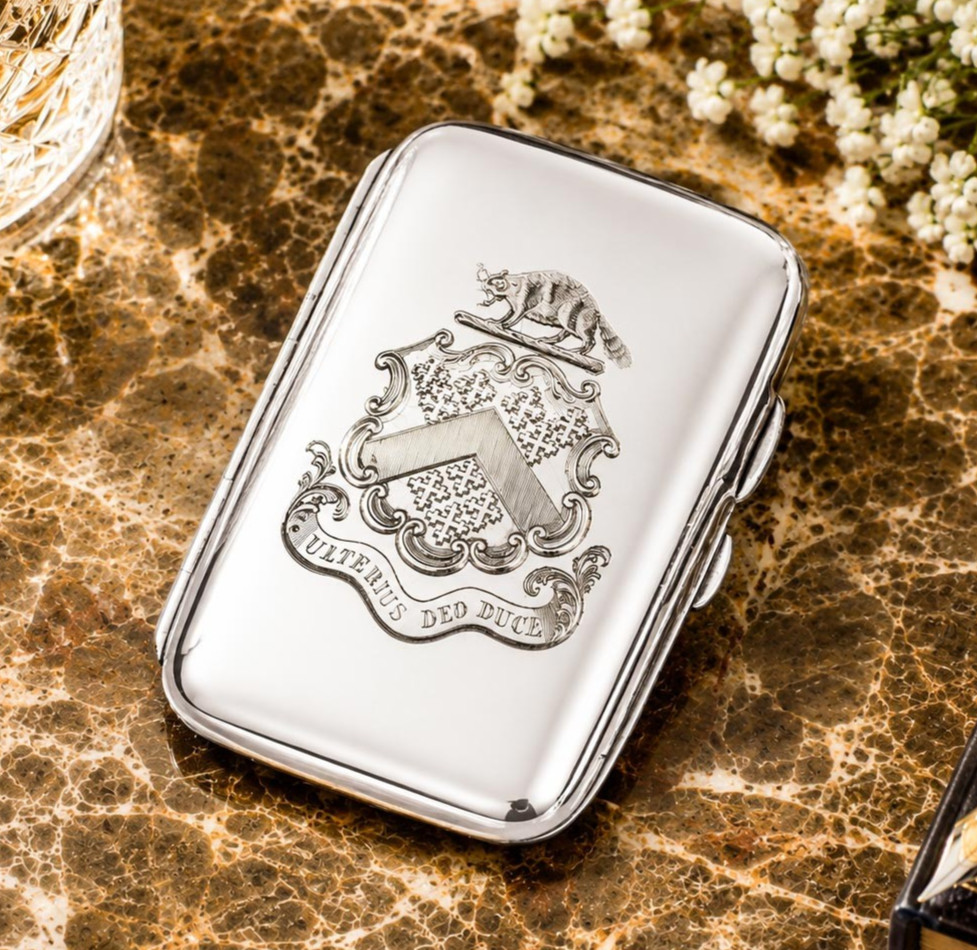Superb Antique Sterling Silver Cigarette Case Holder Armorial Heraldic
