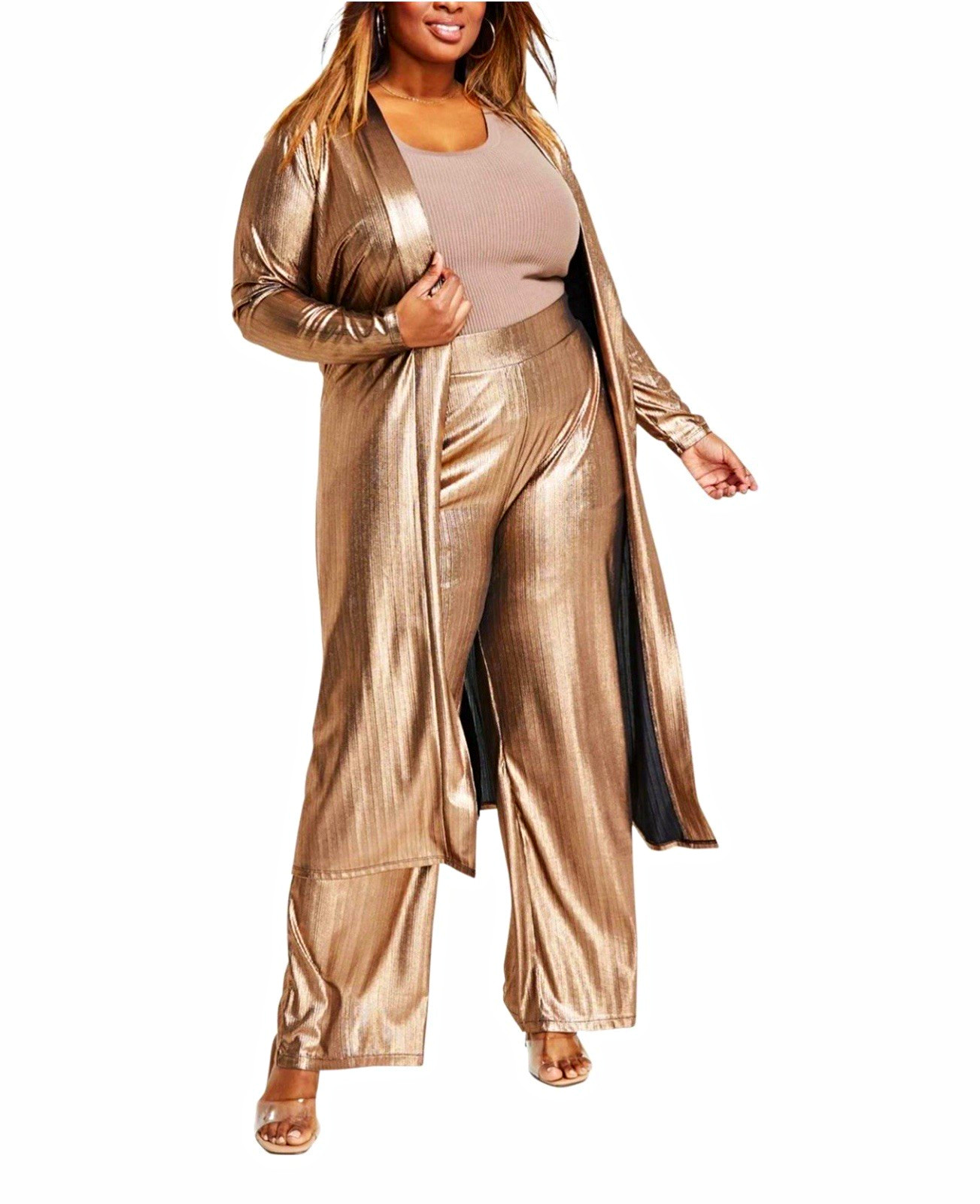 Nina Parker Gold Metallic Long Duster Women’s 3X Plus Nina Parker Gold Metallic Long Duster Women’s 3X Plus
