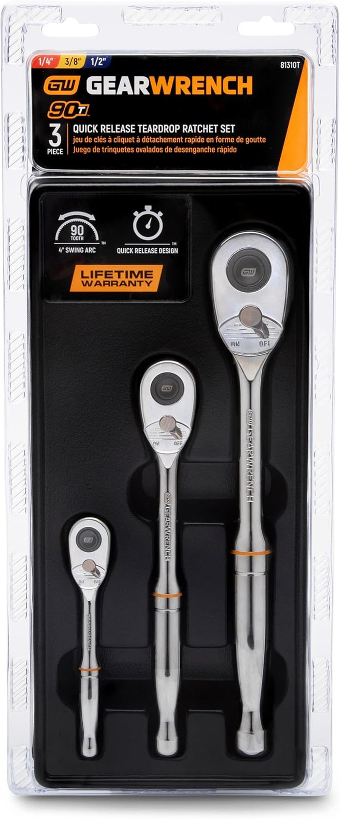 Gearwrench 3Pc Full Polish 90-Tooth Quick Release PRO Ratchet Set #81310T
