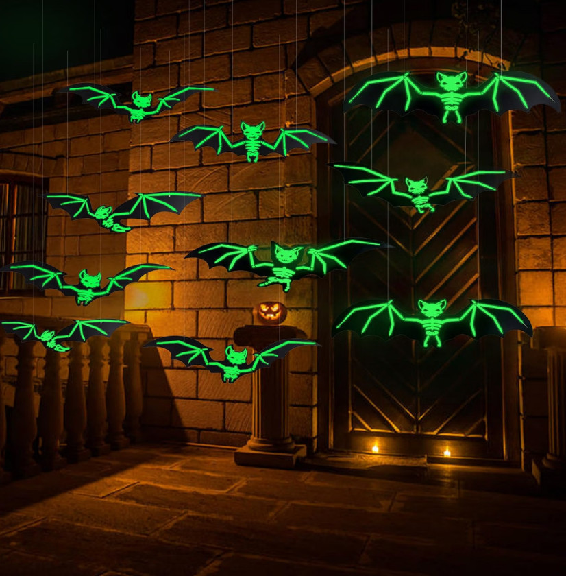 12Pcs Large Glowing Hanging Bats, Halloween Bat Decorations, Spooky Party Wall &