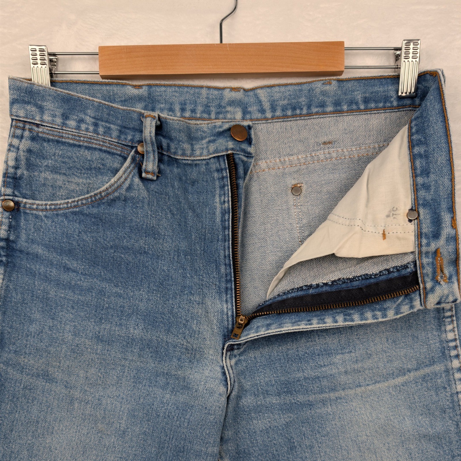 VTG Wrangler Jeans Mens 32x29 Blue Cowboy Cut USA Talon Zip Fly Leather Tab 70s