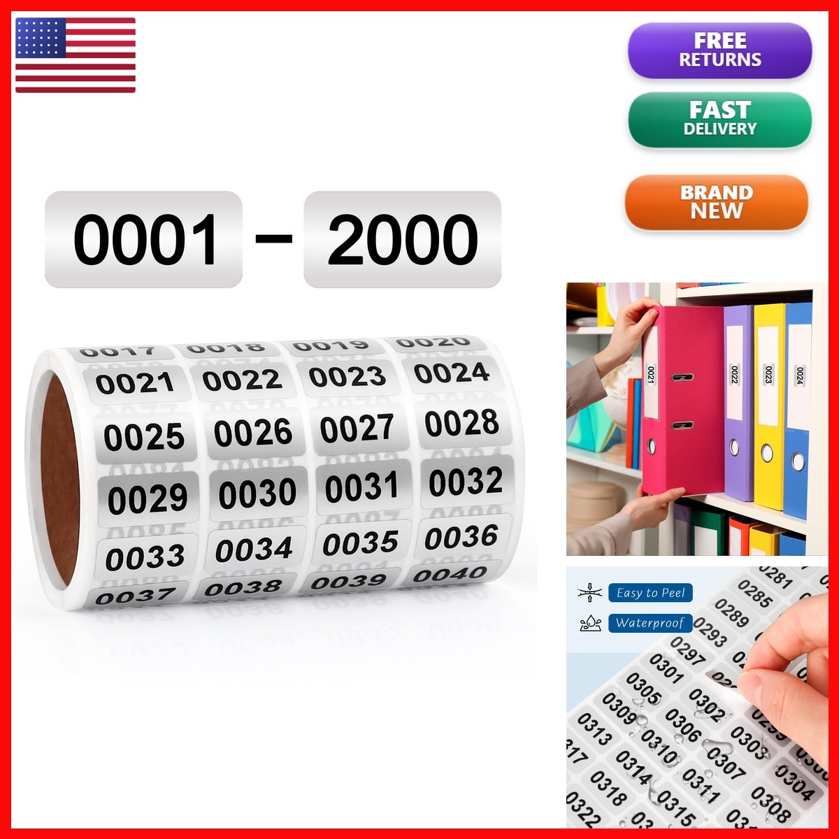0001-2000 Inventory Number Stickers Labels Self Adhesive Waterproof Vinyl