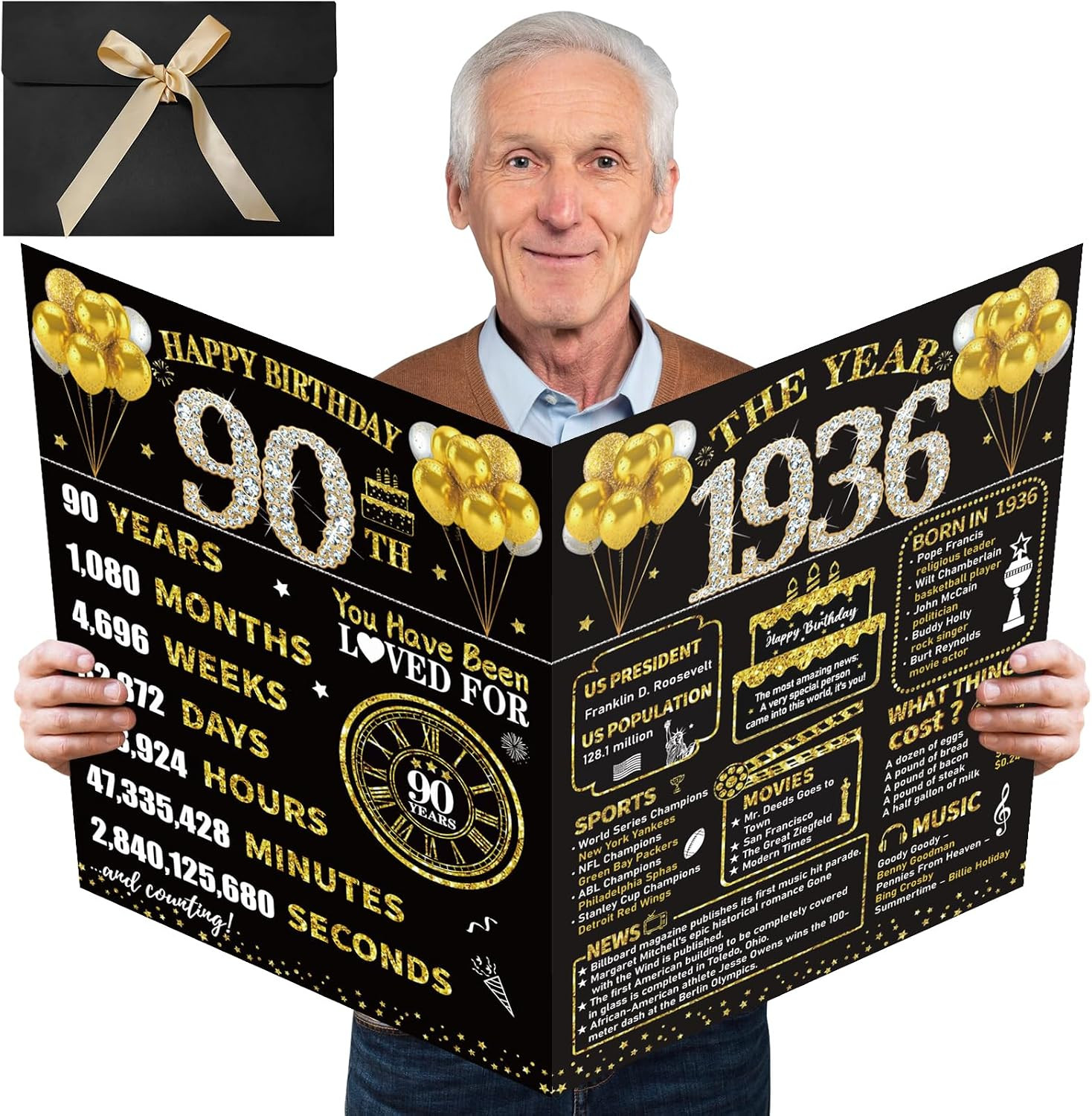 Large 90th Birthday Card With Envelope, Black Gold Happy 90th Birthday Giant Gue