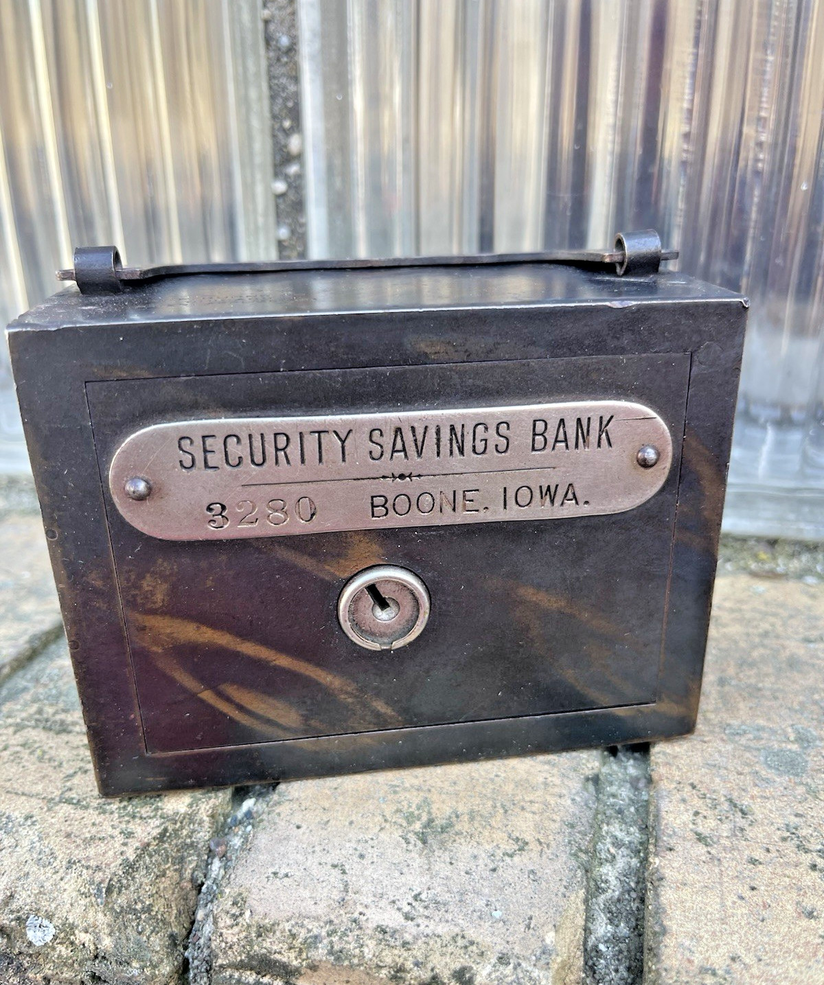 Vintage 1900 Boone IA Japan Flash Strong Box Still Bank Faux Copper WF Burns W Vintage 1900 Boone IA Japan Flash Strong Box Still Bank Faux Copper WF Burns W