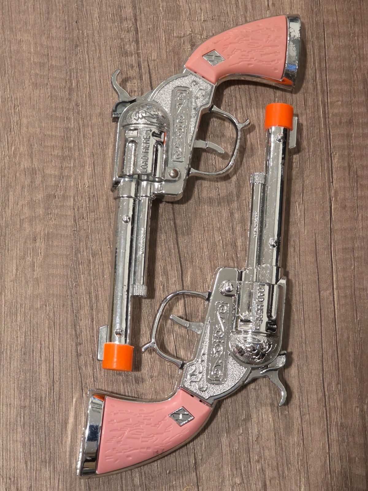 Vintage Halco Pink Grip Diecast Toy Cap Guns 2 Pc Western Revolver Orange Tip