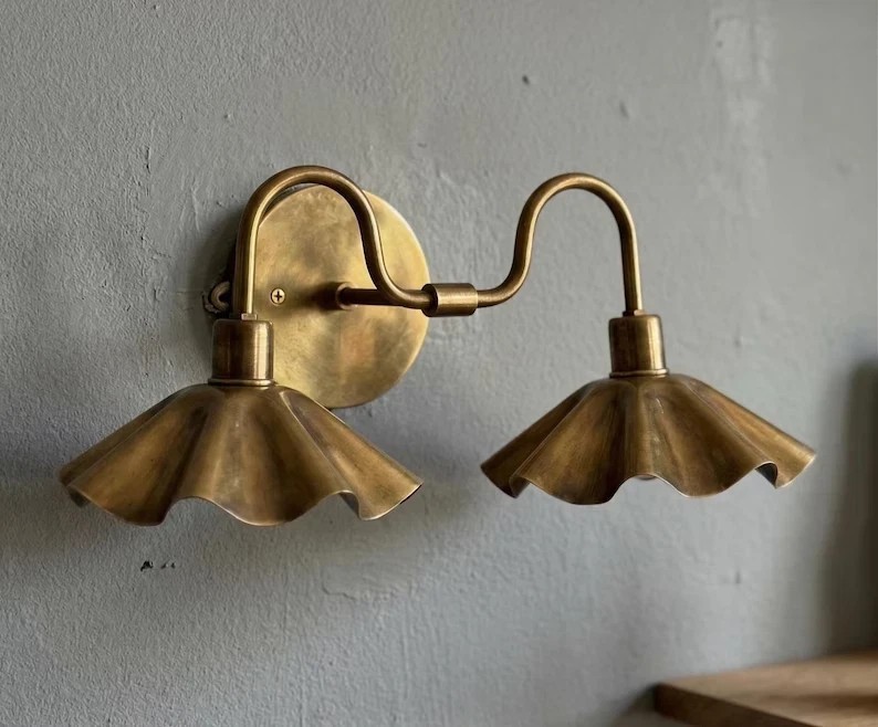 Handcrafted Brass Double Wall Sconce Vintage Vanity Light Hardwired Fixture