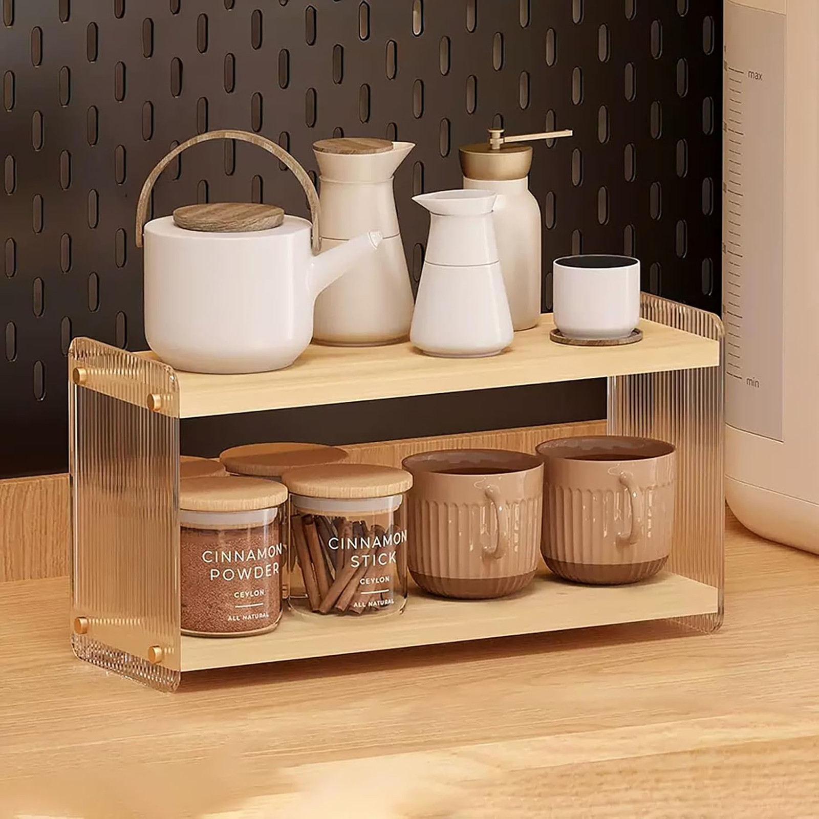 Coffee Station Organizer Acrylic Two Tier Storage Mug Hooks for Kitchen