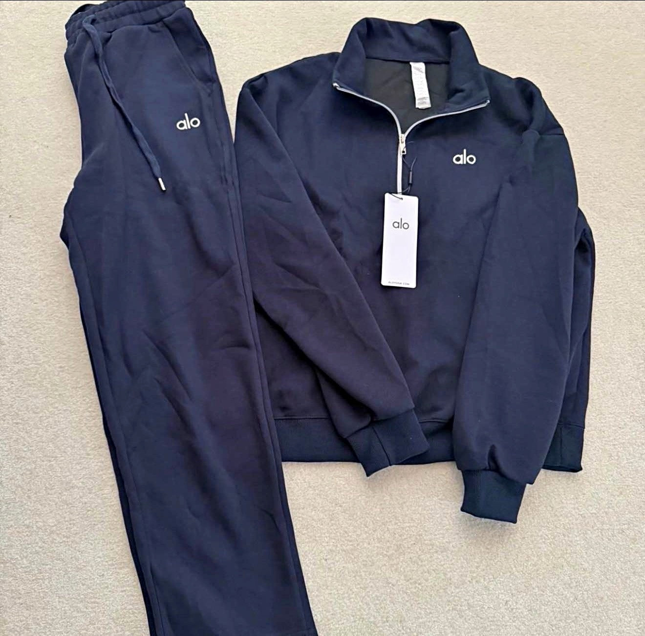 Alo Men’s Blue 2-Pc Fleece Tracksuit Mock Neck Zip Jacket Joggers L Alo Men’s Blue 2-Pc Fleece Tracksuit Mock Neck Zip Jacket Joggers L