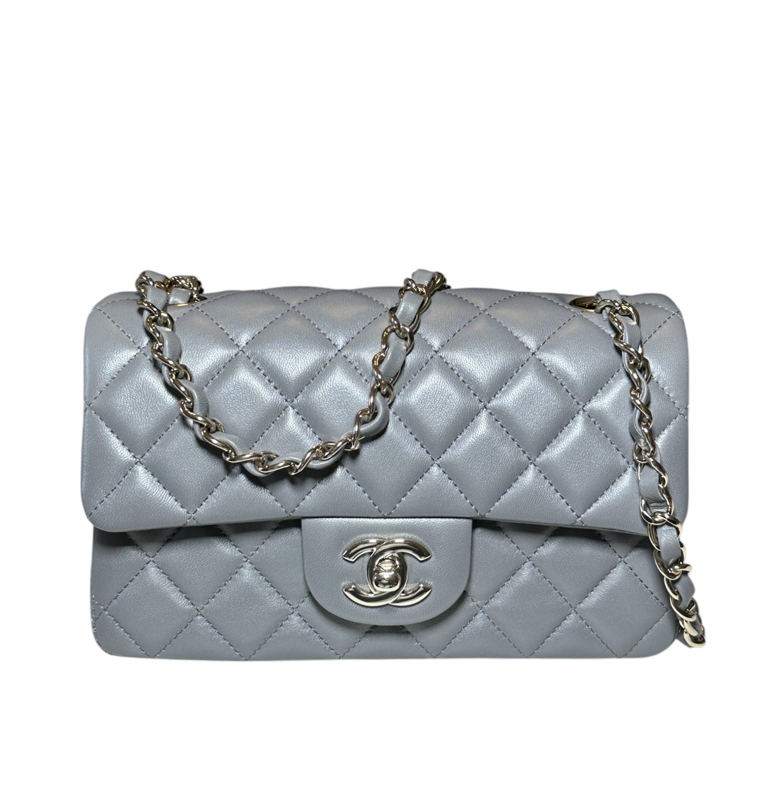 CHANEL 22A Mini Rectangular Classic Flap Grey Lambskin Gold Hardware NWT A69900 CHANEL 22A Mini Rectangular Classic Flap Grey Lambskin Gold Hardware NWT A69900