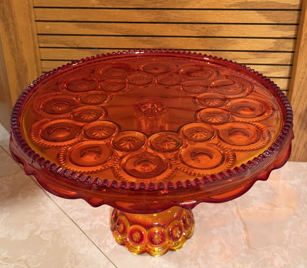 VTG L.E. Smith Moon & Stars Red Amberina Glass Cake Stand Scallop/Skirted Glows