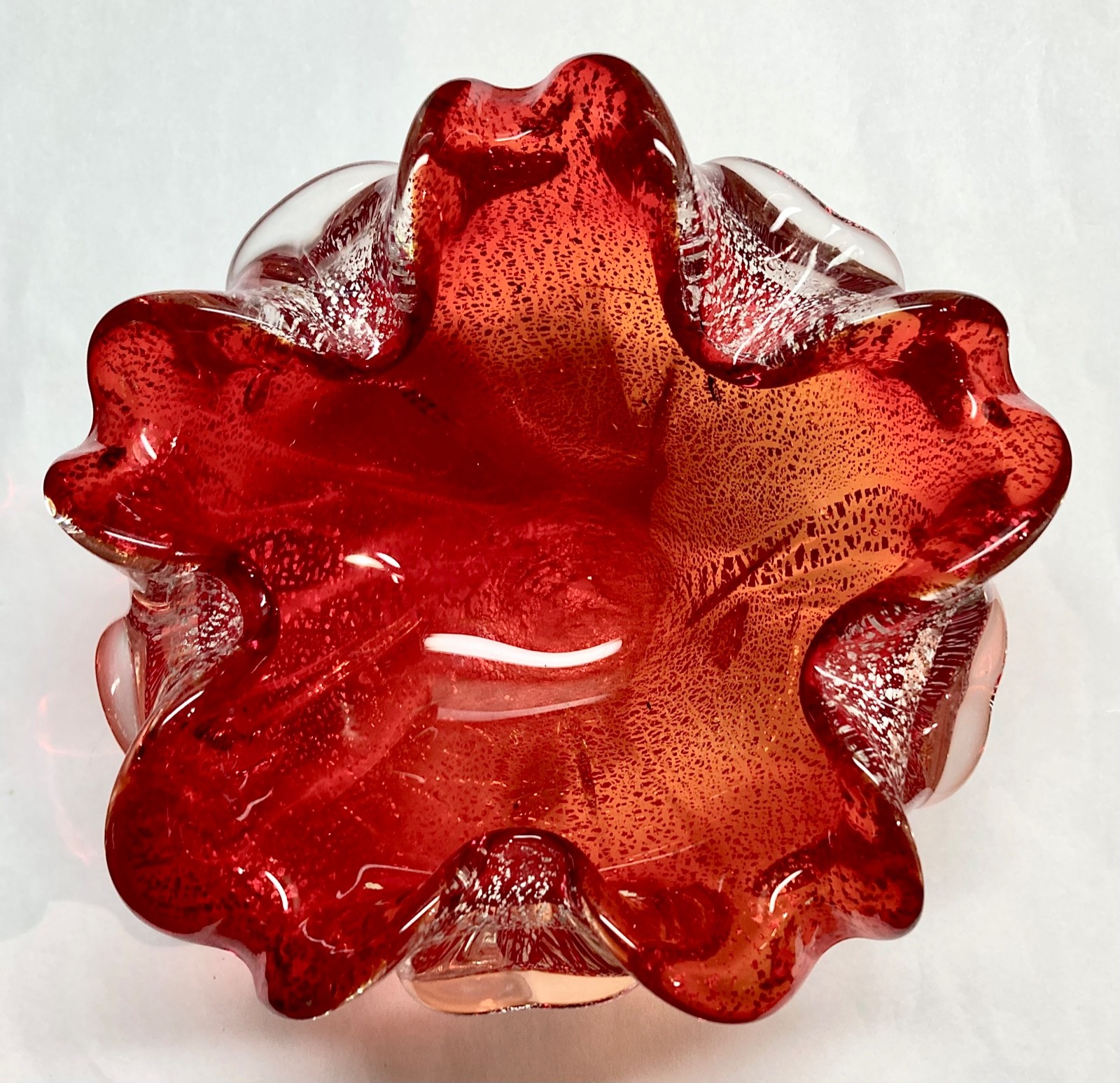 Vintage MCM Murano art glass ashtray candy dish orange red silver flecks 1960s