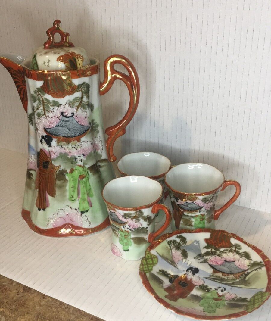 Vintage Japanese Nippon Chocolate Pot with 3 cups 1 saucer Vintage Japanese Nippon Chocolate Pot with 3 cups 1 saucer