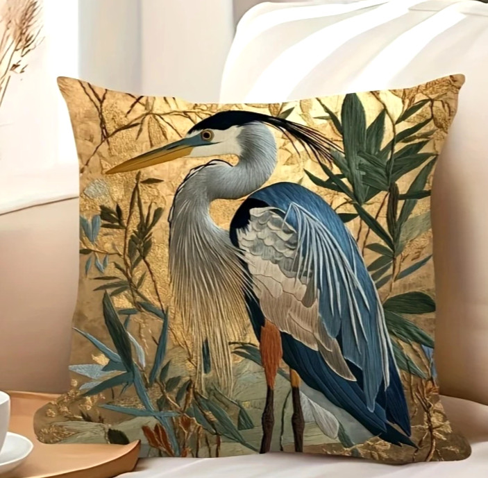 Beautiful Vintage Art Inspired Great Blue HERON Summer Pillow Cover  20