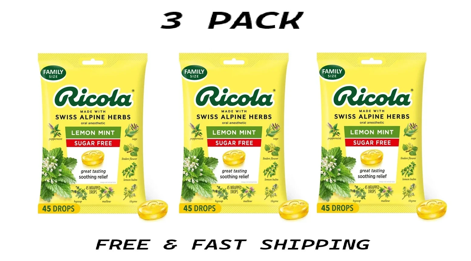 (3 PACK) Ricola Sugar Free Lemon Mint Throat, Refreshing Throat Relief - 45 Ct.