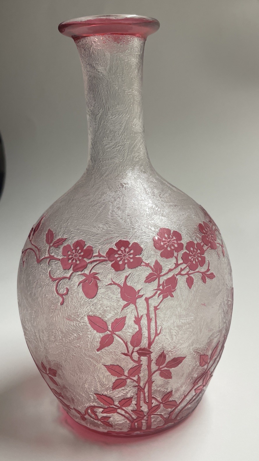 Antique French Baccarat Acid-Etched Cameo Glass Bottle Carafe Wild Rose 7 1/2 In