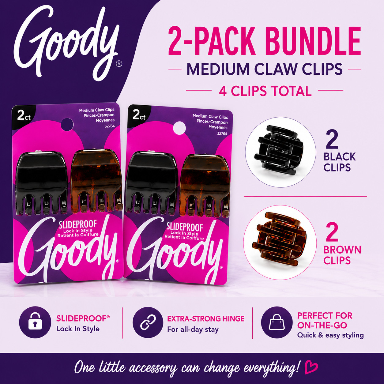 Goody Medium Claw Hair Clips 2-Pack Strong Hold Slideproof Black & Brown Bundle