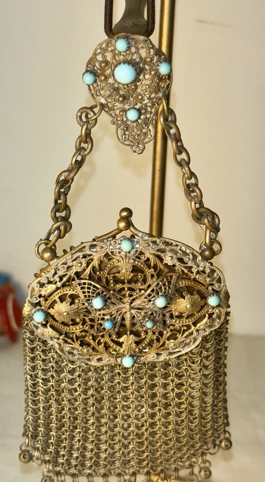 Antique 800 Silver Vermeil Chatelaine Mesh Purse Turquoise Butterfly w Mirror