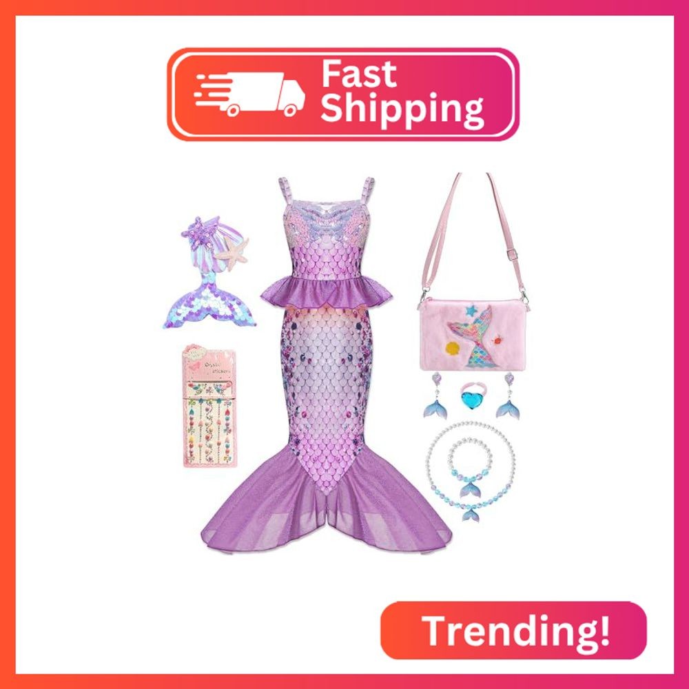 Wudiatae Mermaid Costume for Girls 3-12, Mermaid Tail Dress with Jewelry & Purse