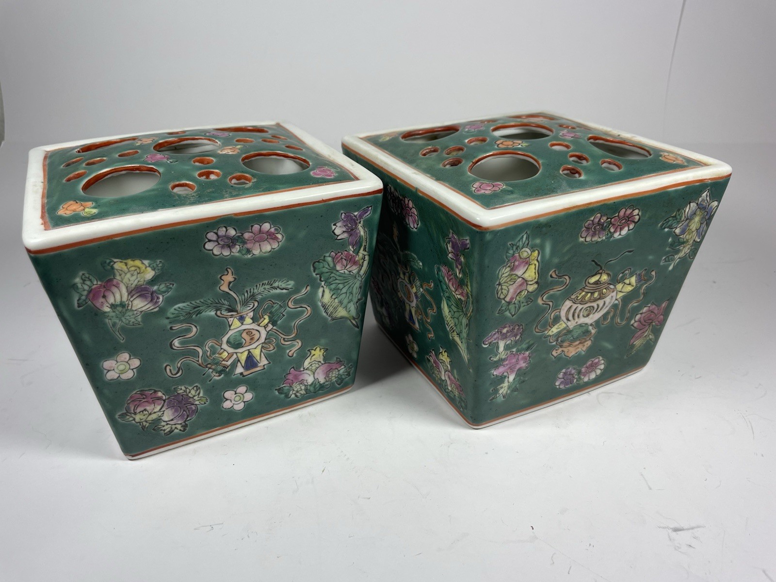 Pair Antique Chinese Famille Verte Porcelain Flower Bricks Qing Jiaqing Mark