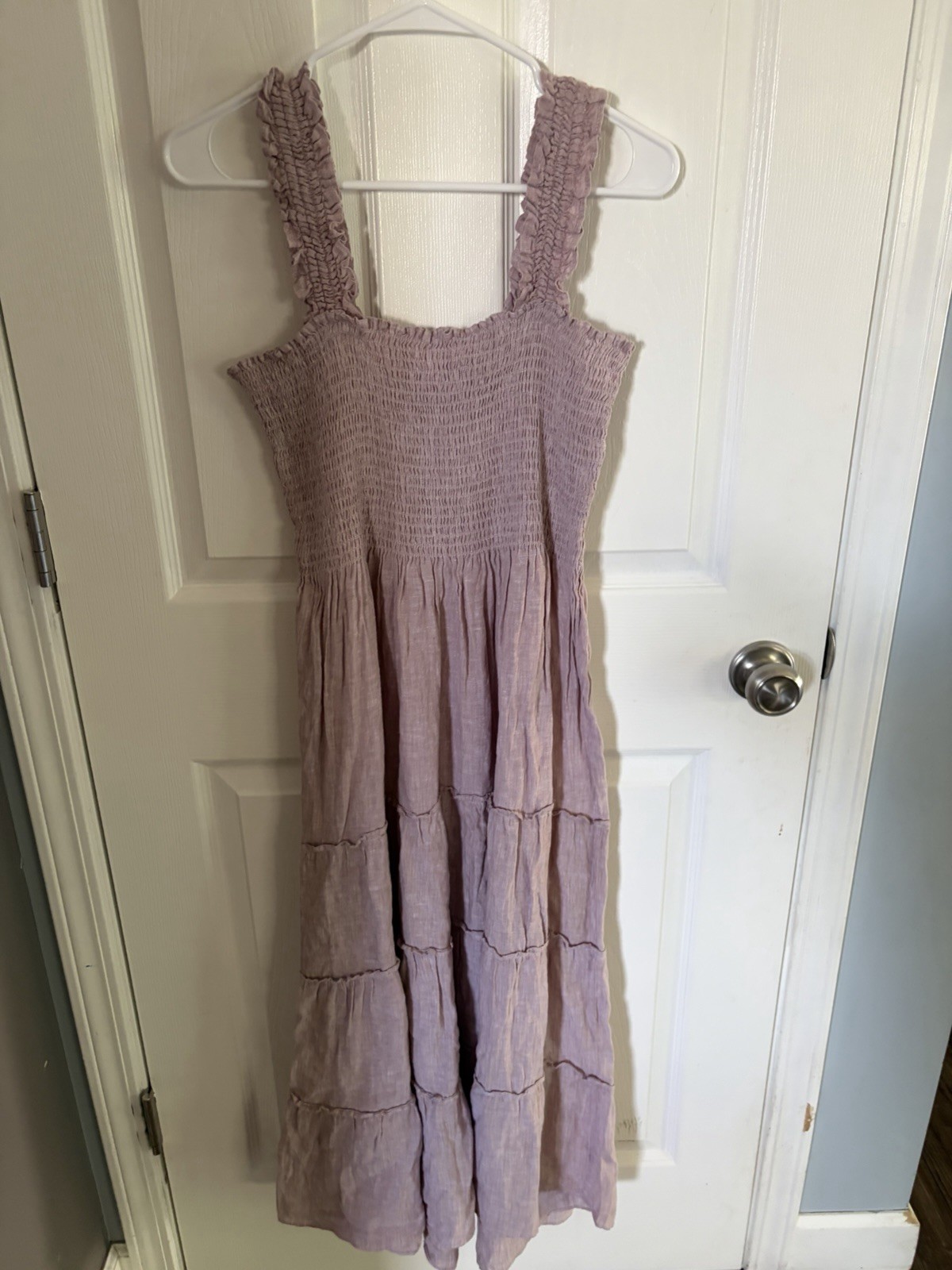 L Quince 100% European Linen Smocked Sleeveless Midi Dress In Mauve Pink Size L