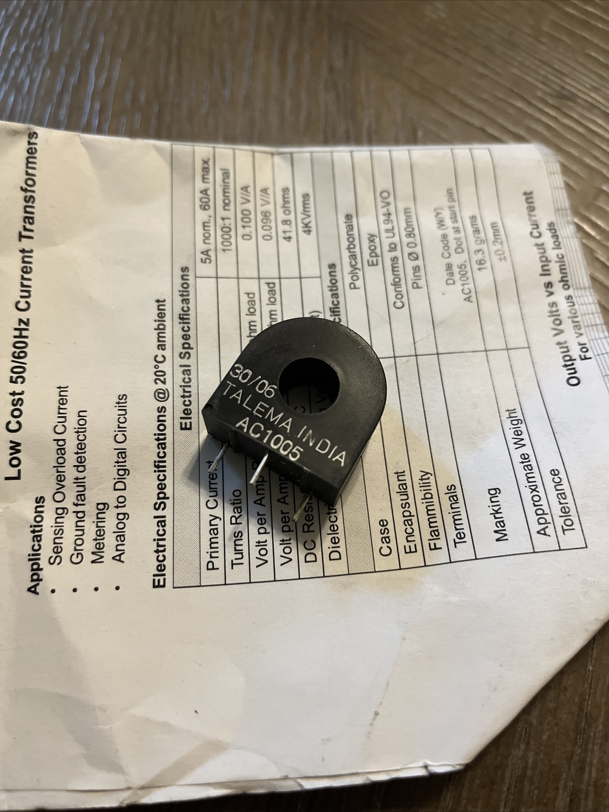 TALEMA AC1005 CT AC CURRENT SENSE READING TRANSFORMER 5A=500MV SOLAR WIND USA TALEMA AC1005 CT AC CURRENT SENSE READING TRANSFORMER 5A=500MV SOLAR WIND USA