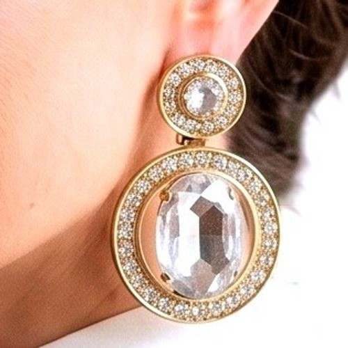Vtg Oversized Gold Tone Clear Crystal Oval Halo Drop Dangle Clip On Earrings Vtg Oversized Gold Tone Clear Crystal Oval Halo Drop Dangle Clip On Earrings