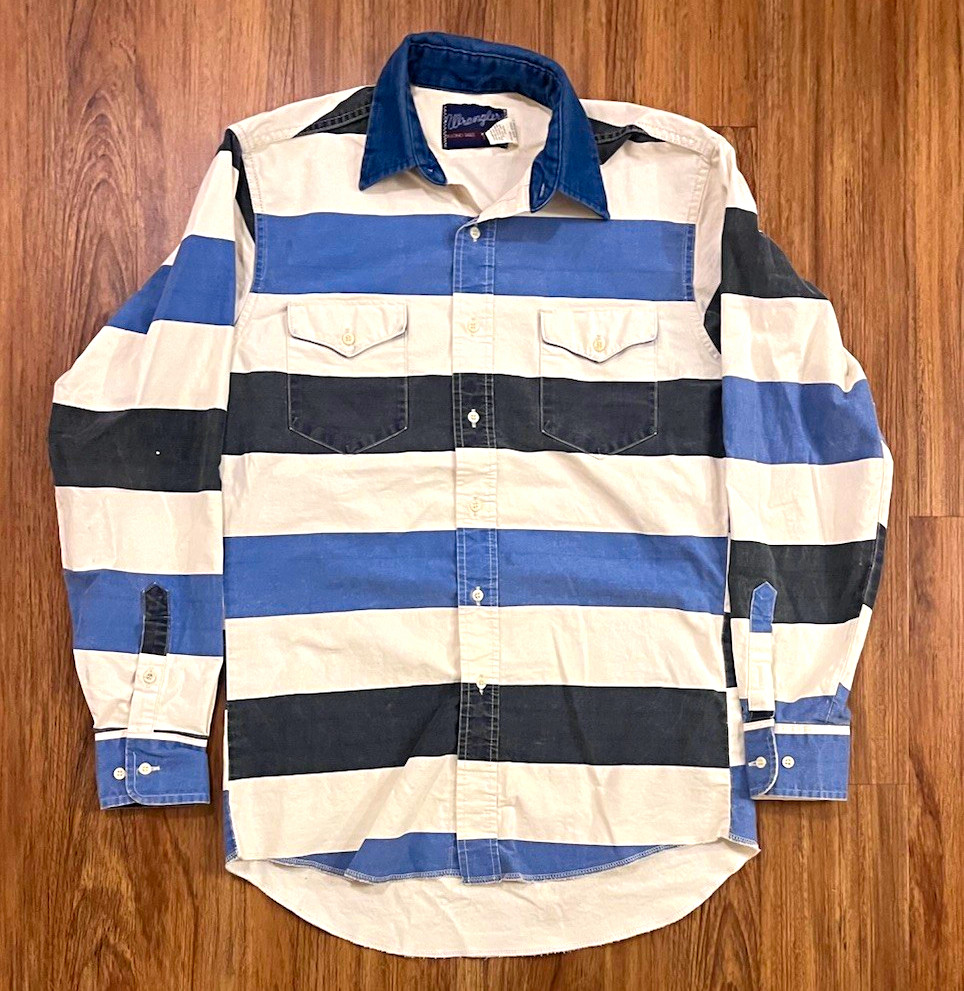 90s Mens Wrangler Brushpopper Striped Cotton Button-Up Shirt long tails size M