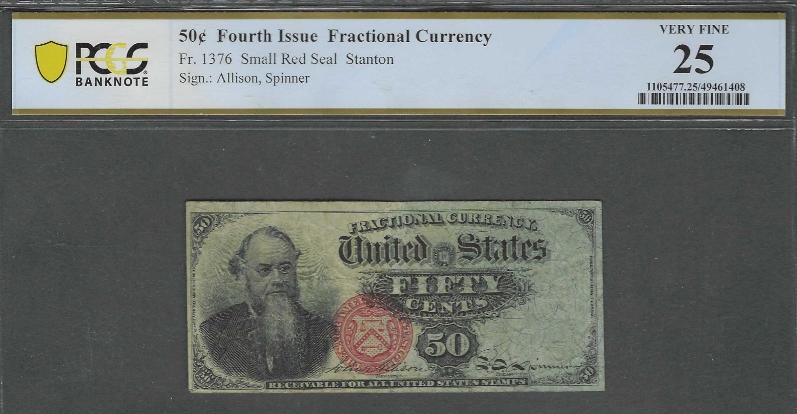 50c 1869-75 4th Issue PCGS VF 25 Edwin M. Stanton Fractional Currency