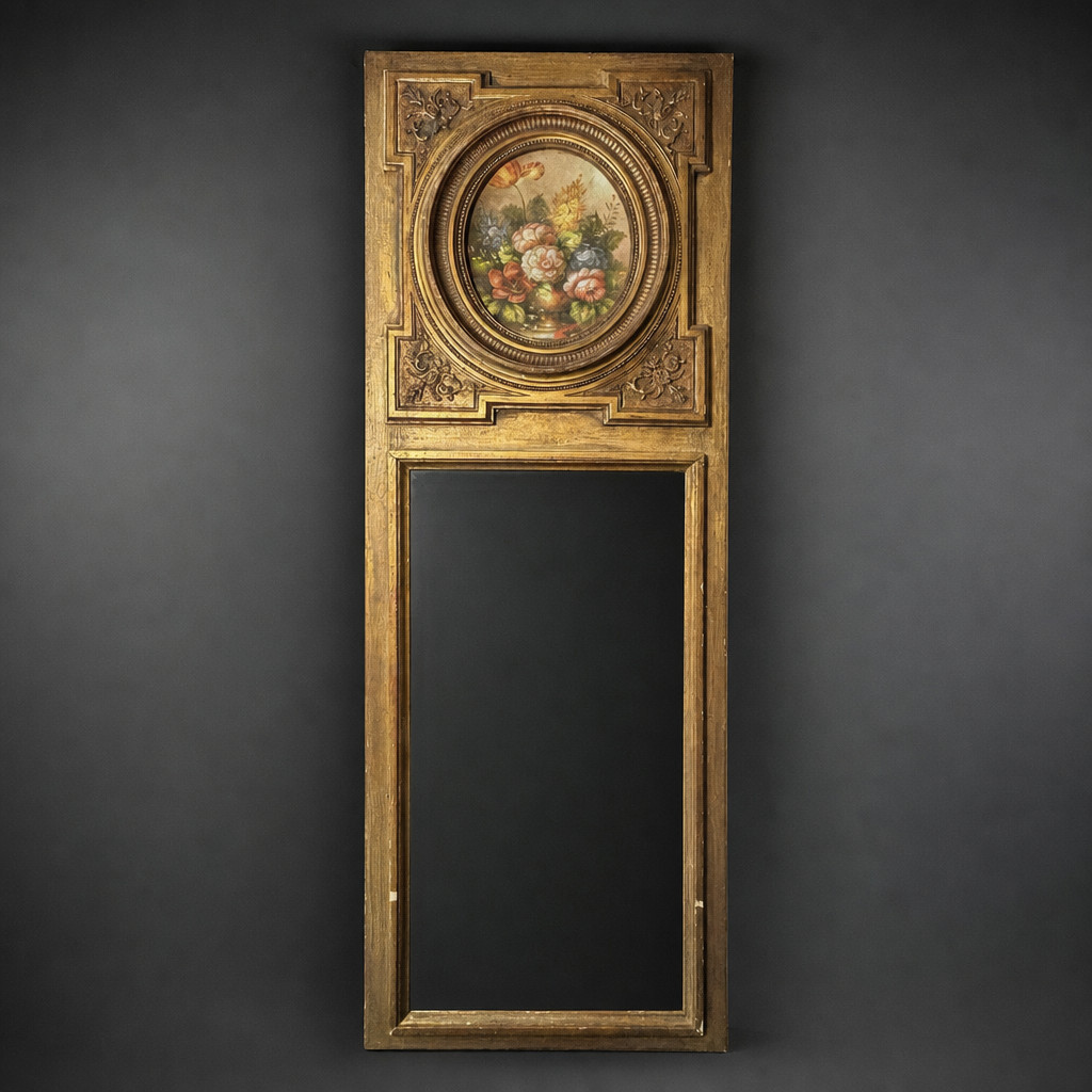Large Vintage 1960-70\'s French Style Trumeau Mirror Gilded Wood Hand Painted Art