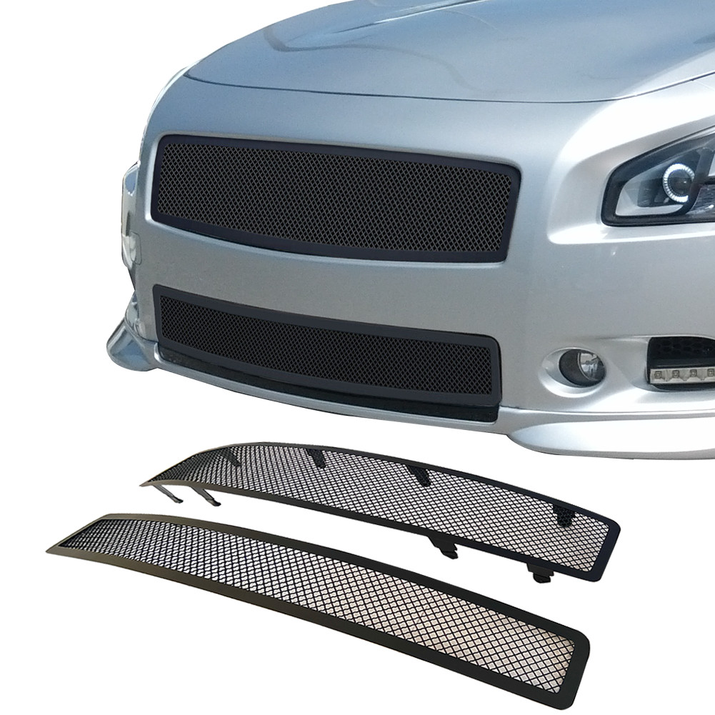 Fits 2009-2014 Nissan Maxima Stainless Steel Black Mesh Grille Insert Combo