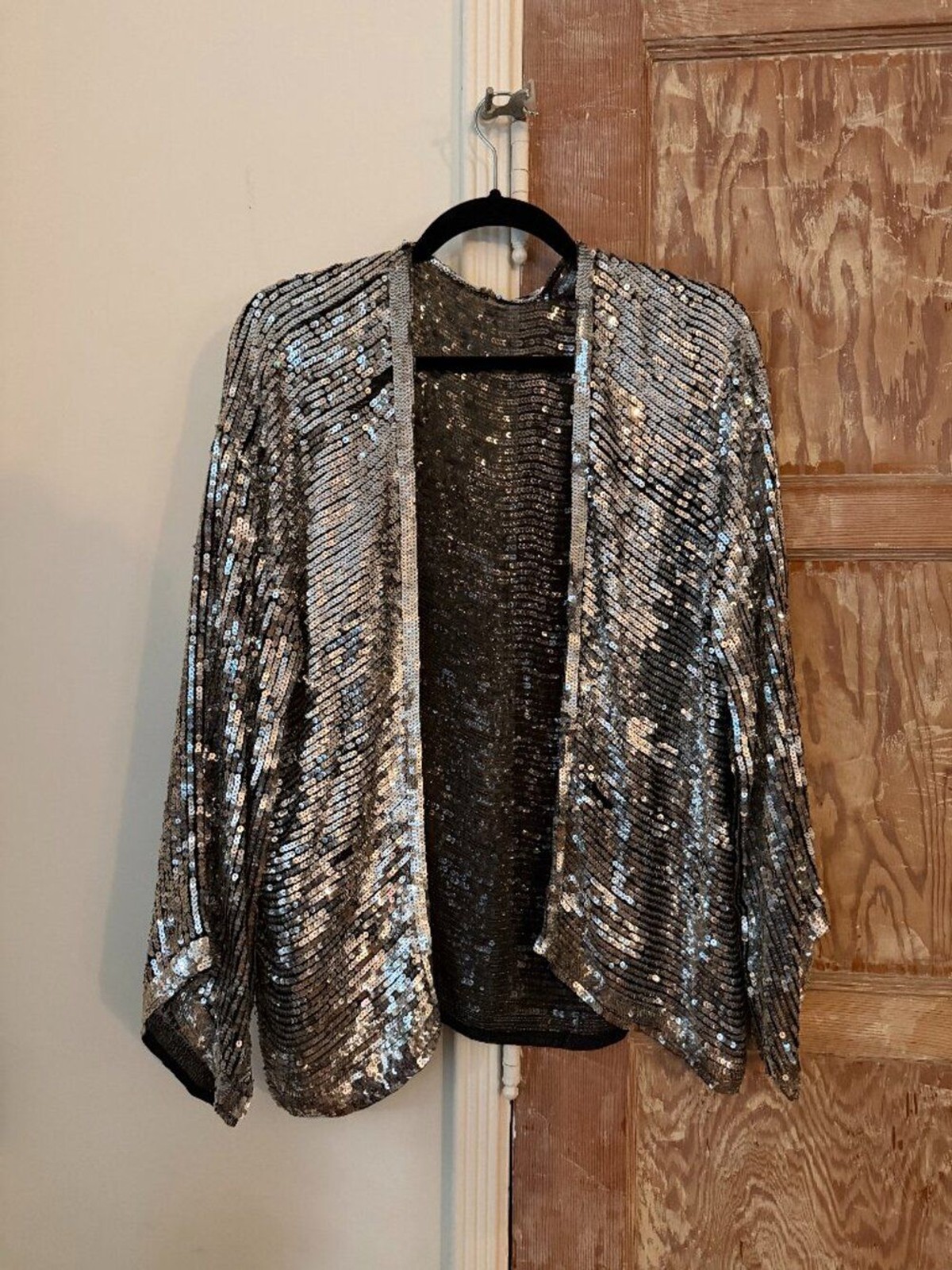 Vintage Silver Sequin Open Front Jacket Dolman Batwing Sleeves Plus Friendly