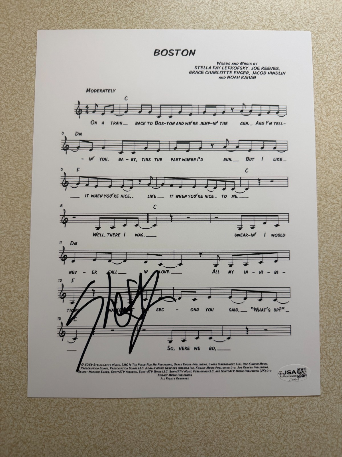 Stella Lefty Signed Autographed Boston Lyric Sheet JSA