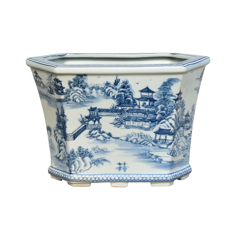 Beautiful Blue and White Blue Willow Landscape Porcelain Hexagonal Pot Beautiful Blue and White Blue Willow Landscape Porcelain Hexagonal Pot