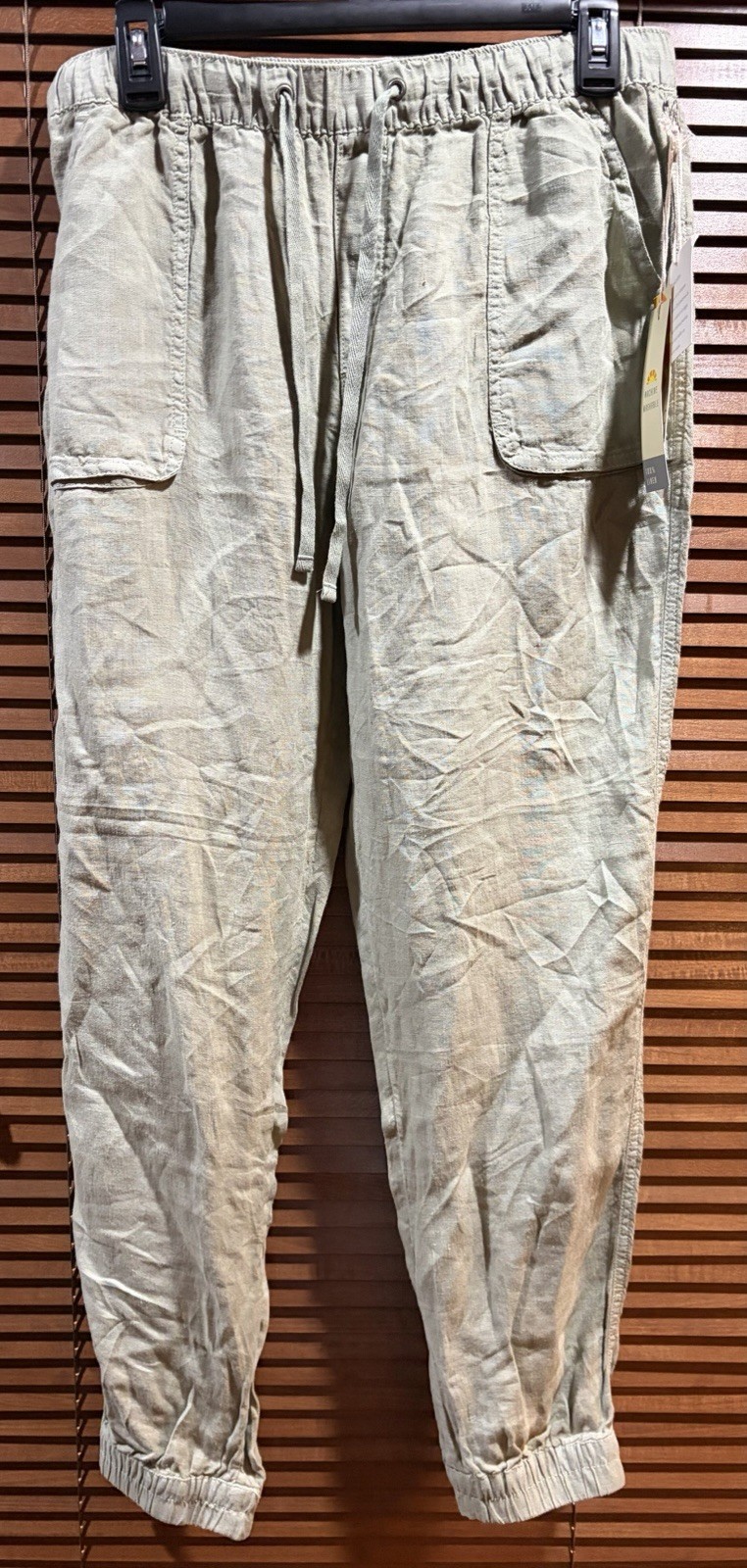 C&C California 100% Linen Pants Size L Gray with Rope Belt Pockets Elastic Waist