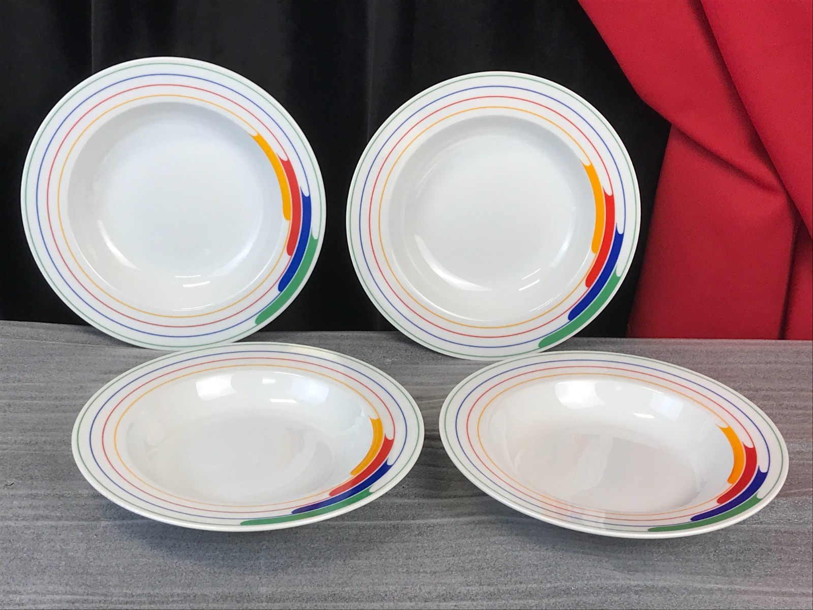 Set of 4 1980's Studio Nova Hi-Fi Retro Rainbow RIMMED SOUP BOWLS JAPAN L9186 Set of 4 1980's Studio Nova Hi-Fi Retro Rainbow RIMMED SOUP BOWLS JAPAN L9186