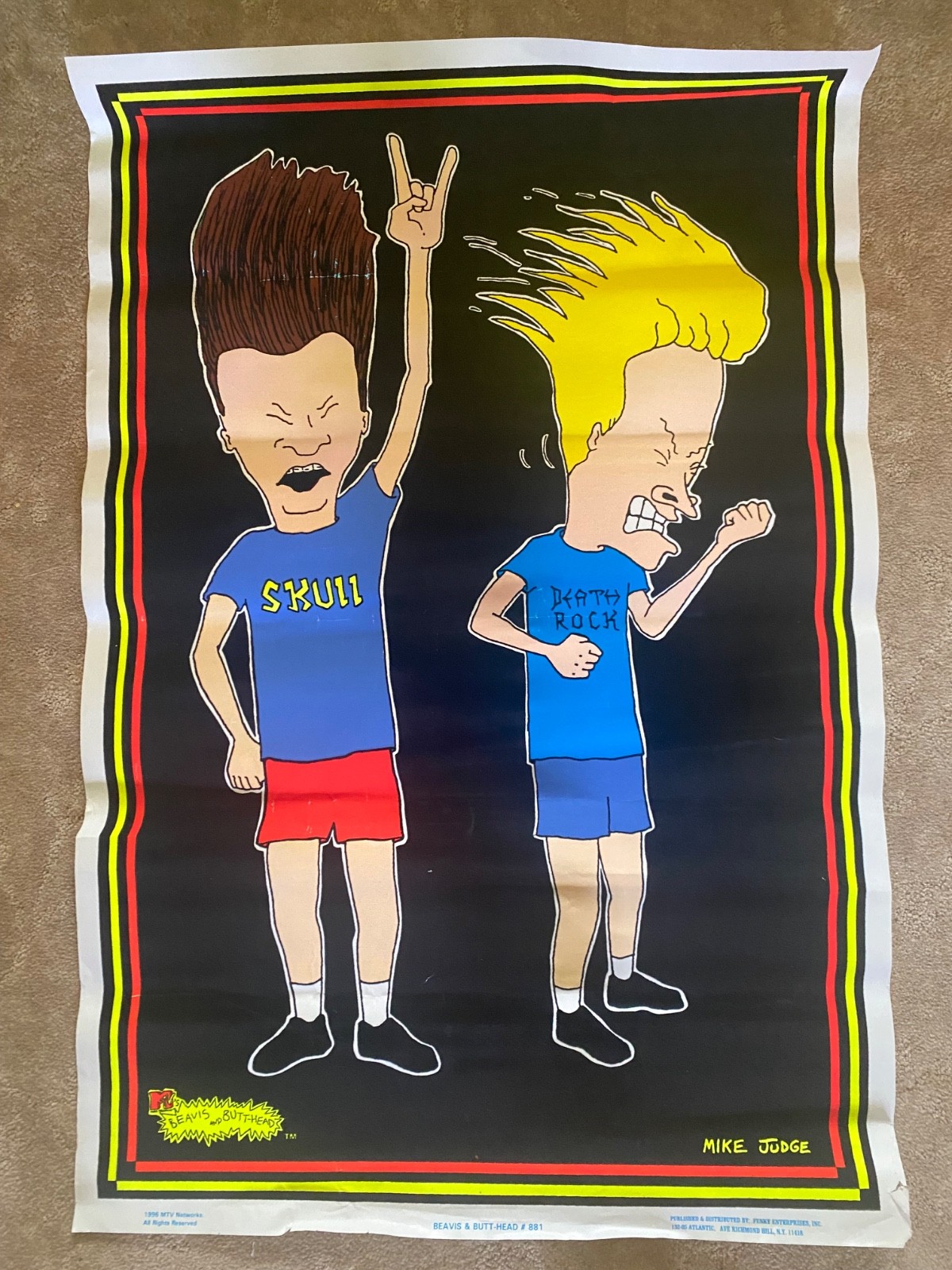 Rare Original Beavis and Butthead Poster Velvet BlackLight Guitar Rock 1996 MTV