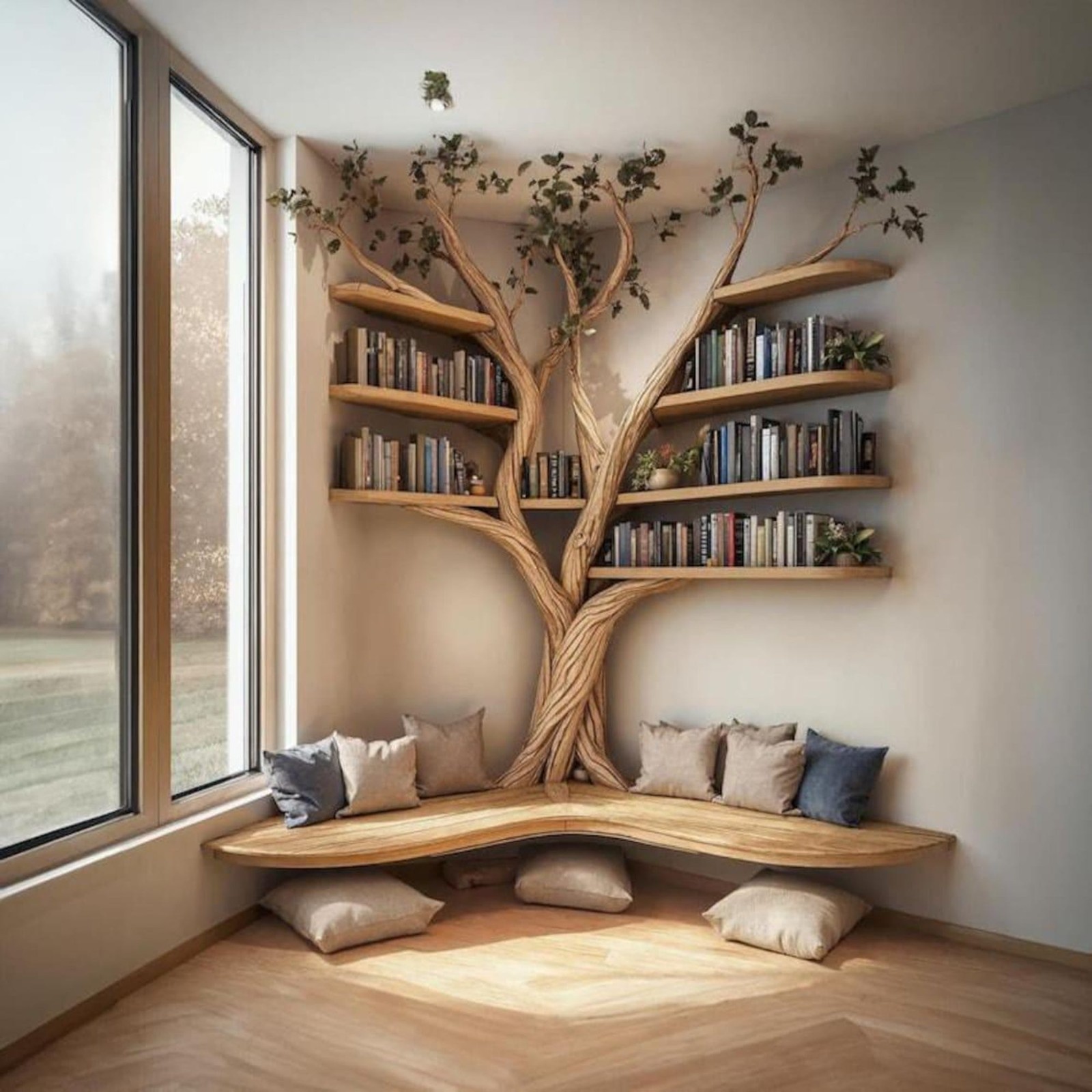 Rustic Tree Branch Floating Corner Shelf with L-Shaped Bench,Handmade Driftwood