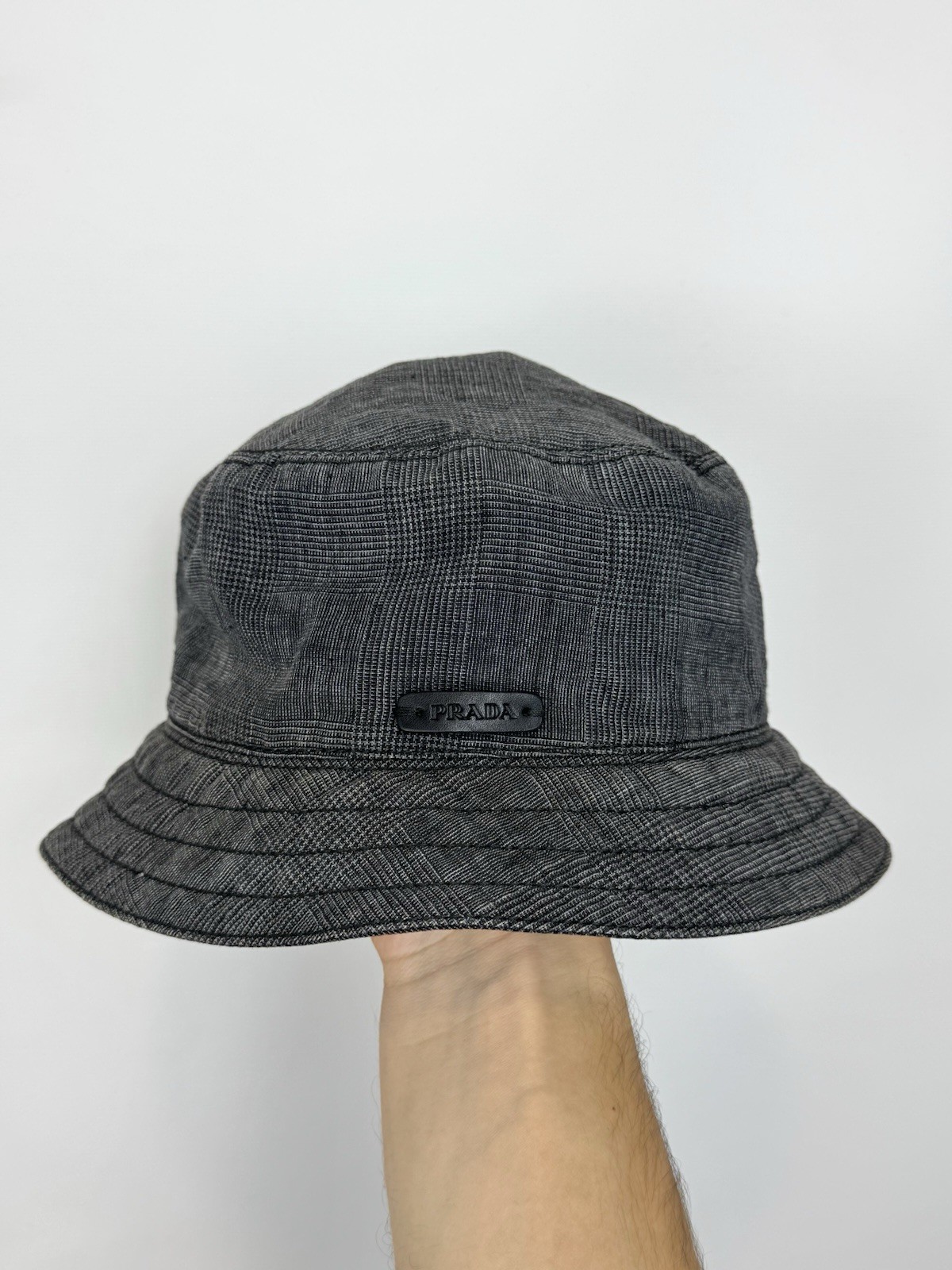 Rare Vintage Prada Bucket Hat Small Logo Gray Check Cotton Linen Size S