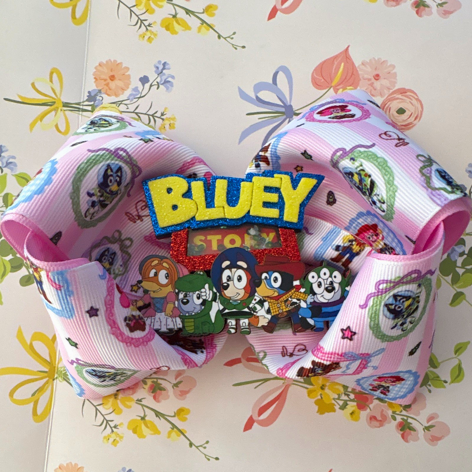 Bluey Large Pink Ribbon Hair Bow Clip w/ Metal Alligator Clip, Glitter Bluey Large Pink Ribbon Hair Bow Clip w/ Metal Alligator Clip, Glitter