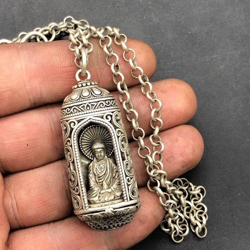 Vintage Tibetan Silver Collection Buddha Rulaifo Lucky Pendant Amulet Necklace