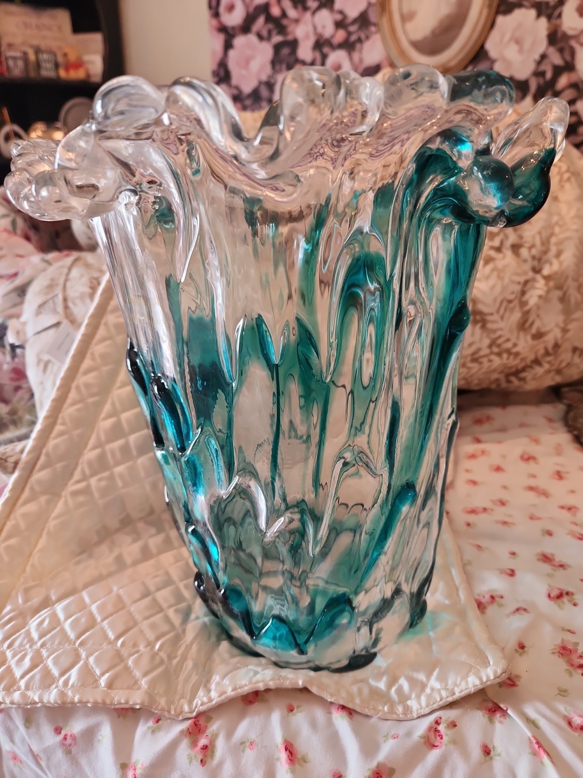 Signed Adam Jablonski Polish Art Glass Thorn Vase Turquoise Teal Clear 11.5